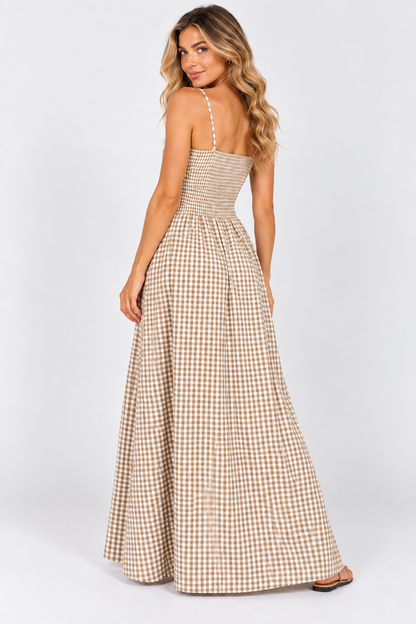Sienna Gingham Shirred Maxi Dress Olive