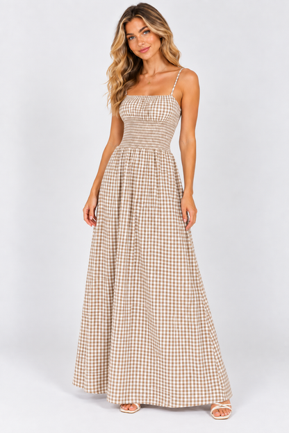 Sienna Gingham Shirred Maxi Dress Olive