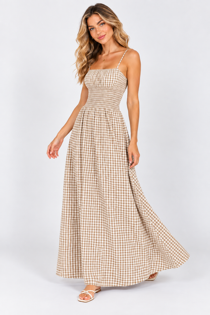 Sienna Gingham Shirred Maxi Dress Olive