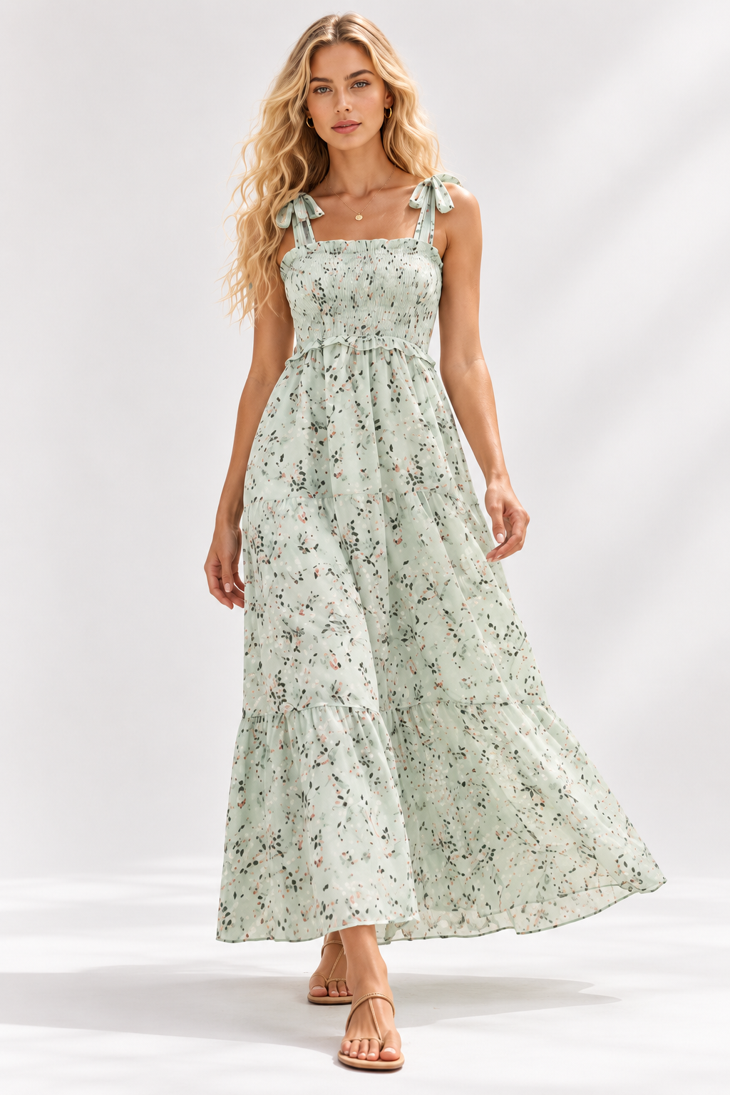 Elara Sage Floral Tie-Strap Maxi Dress
