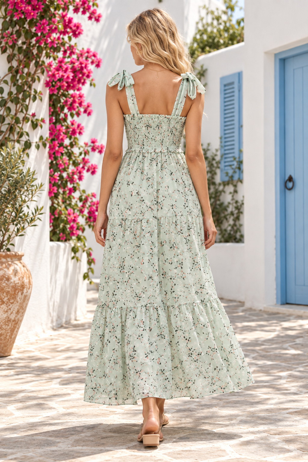 Elara Sage Floral Tie-Strap Maxi Dress