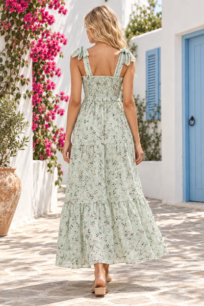 Elara Sage Floral Tie-Strap Maxi Dress