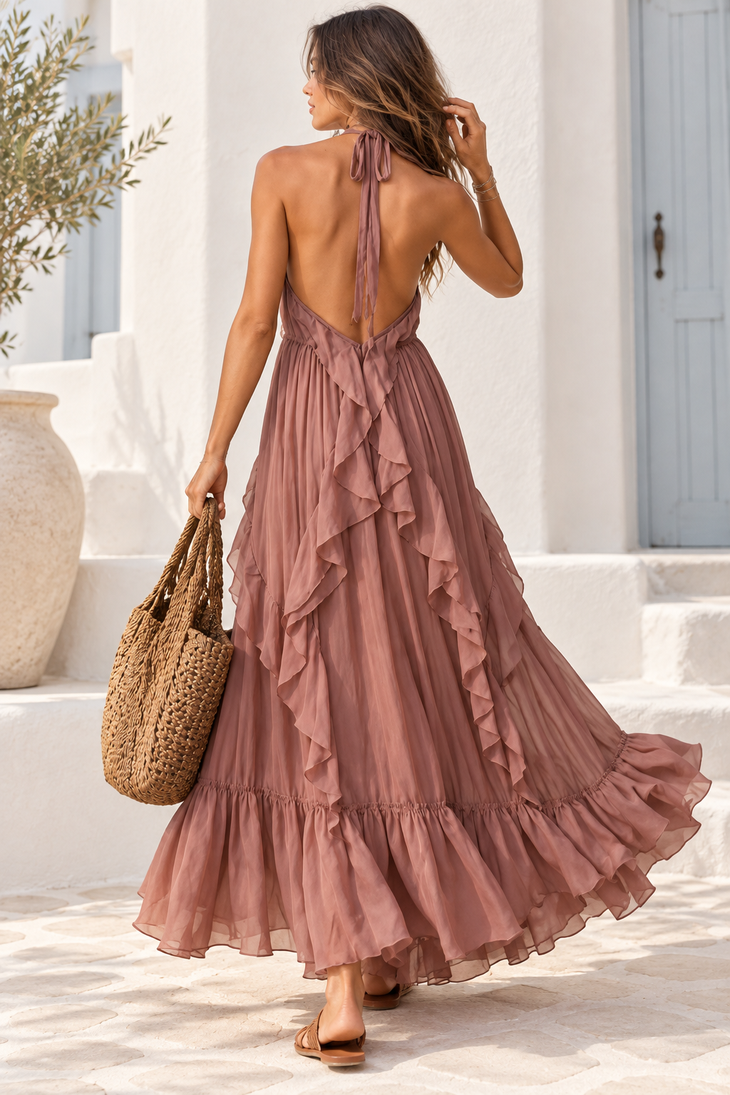 Amara Ruffle Halter Maxi Dress Blush