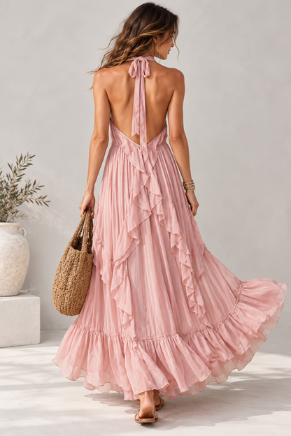 Amara Ruffle Halter Maxi Dress Blush