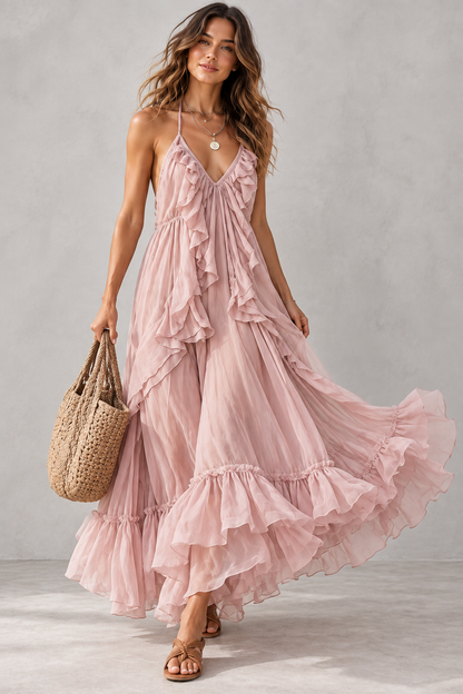 Amara Ruffle Halter Maxi Dress Blush