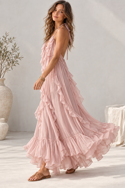 Amara Ruffle Halter Maxi Dress Blush