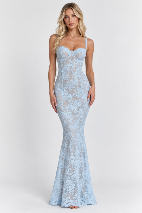Sienna Blue Lace Corset Maxi Dress