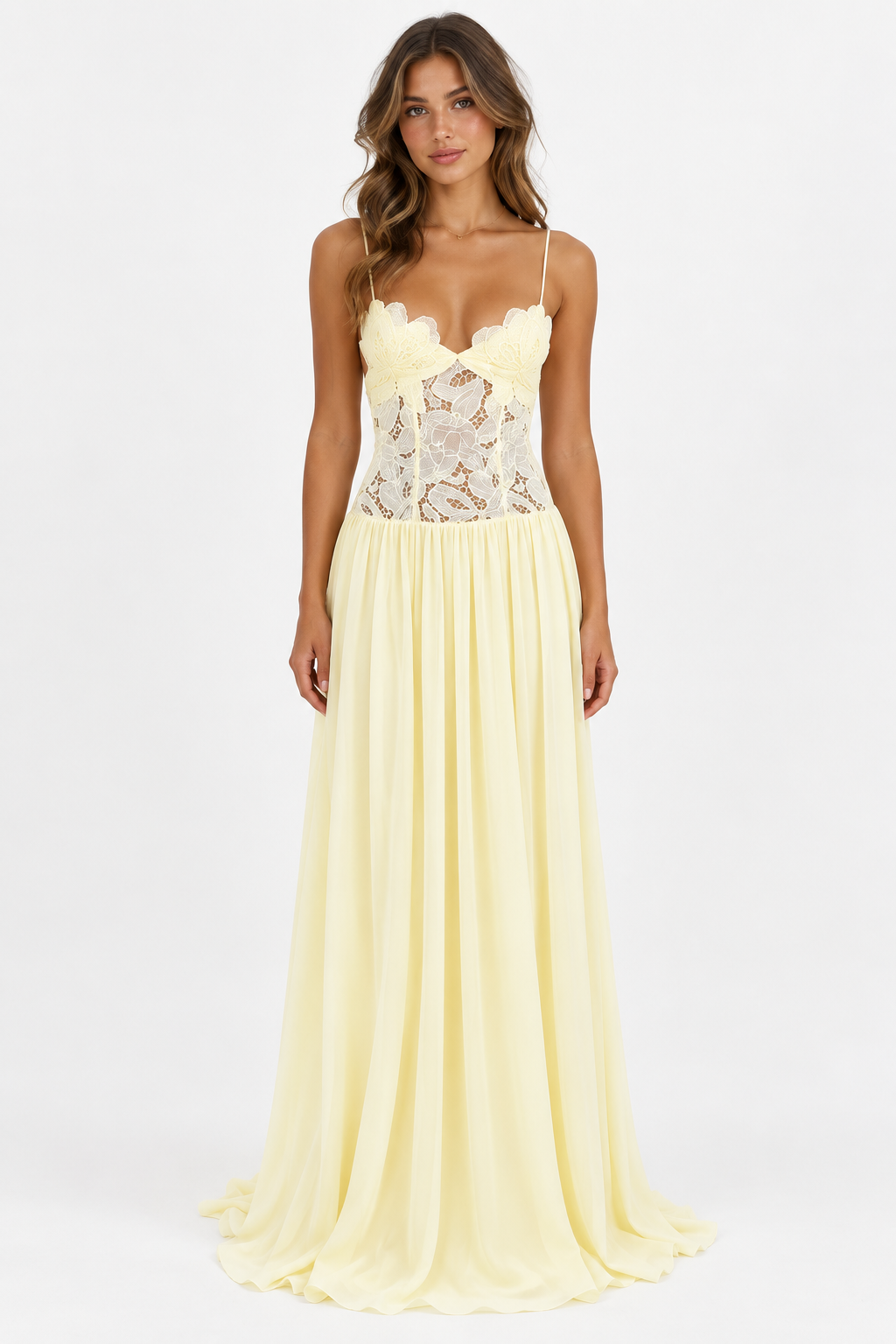 Elara Lace Corset Chiffon Maxi Dress Blue