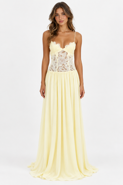 Elara Lace Corset Chiffon Maxi Dress Blue