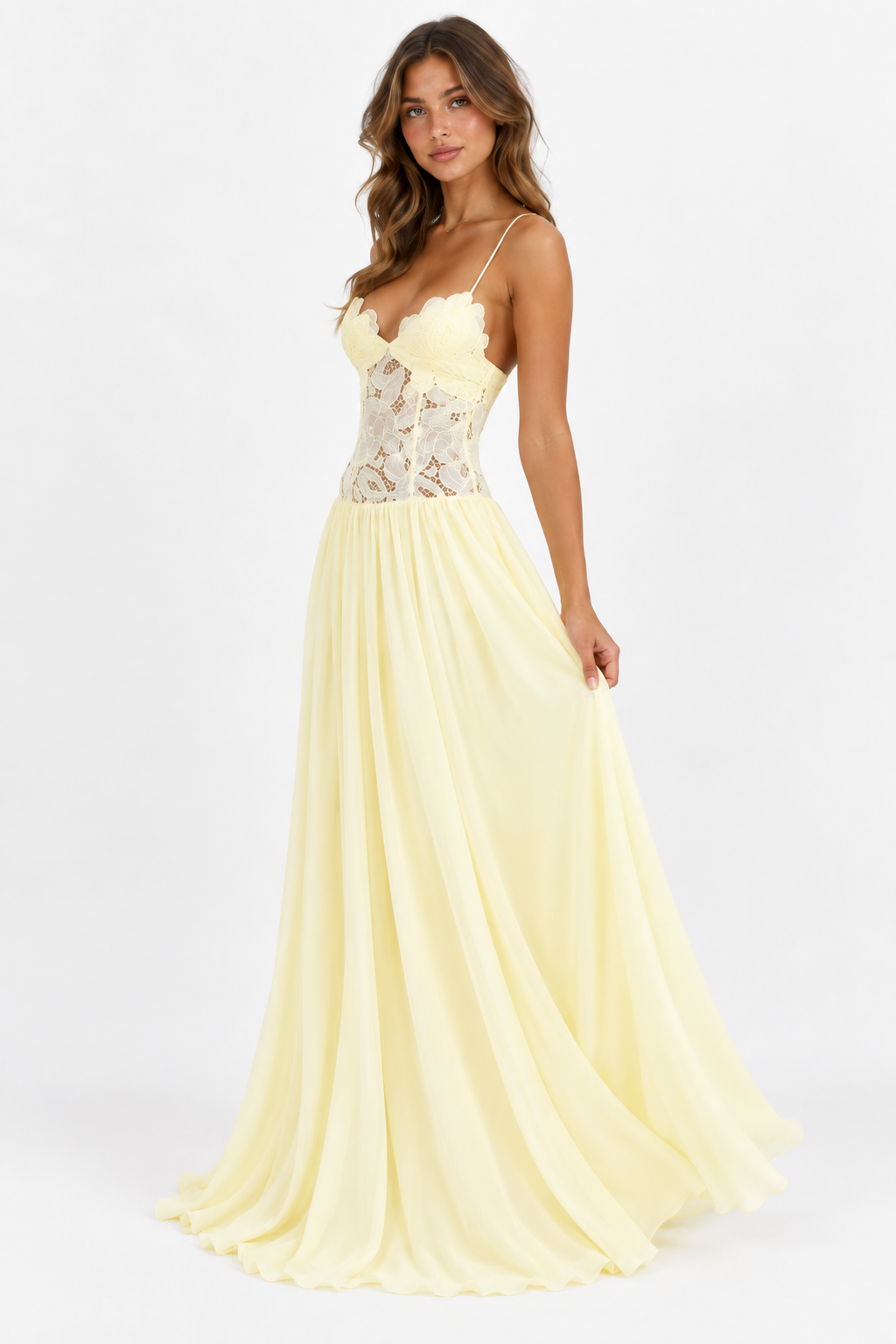 Elara Lace Corset Chiffon Maxi Dress Blue