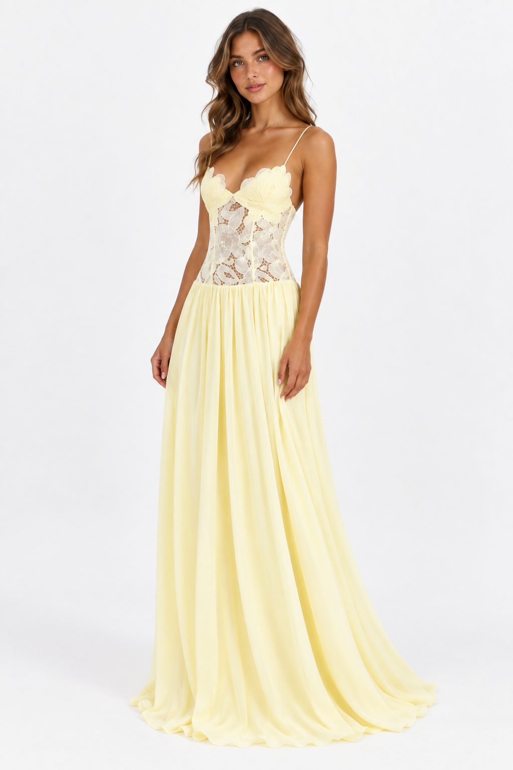 Elara Lace Corset Chiffon Maxi Dress Blue