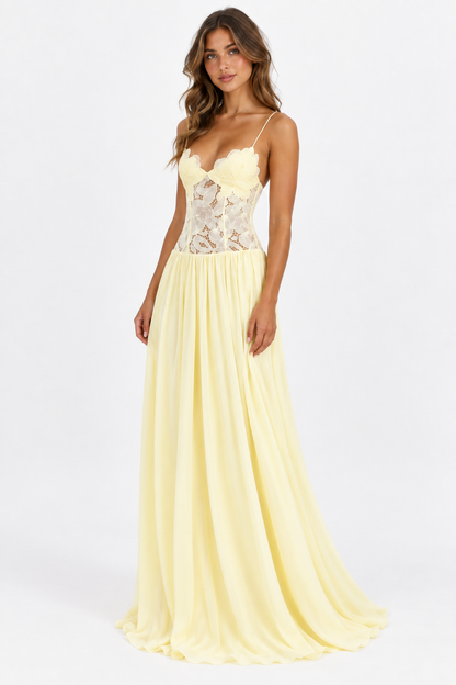 Elara Lace Corset Chiffon Maxi Dress Blue