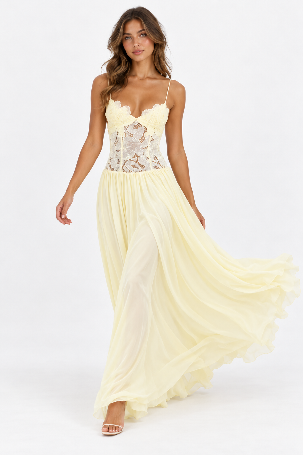 Elara Lace Corset Chiffon Maxi Dress Blue