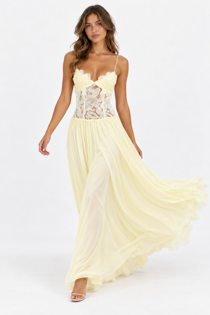 Elara Lace Corset Chiffon Maxi Dress Blue