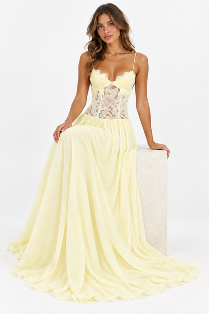 Elara Lace Corset Chiffon Maxi Dress Blue