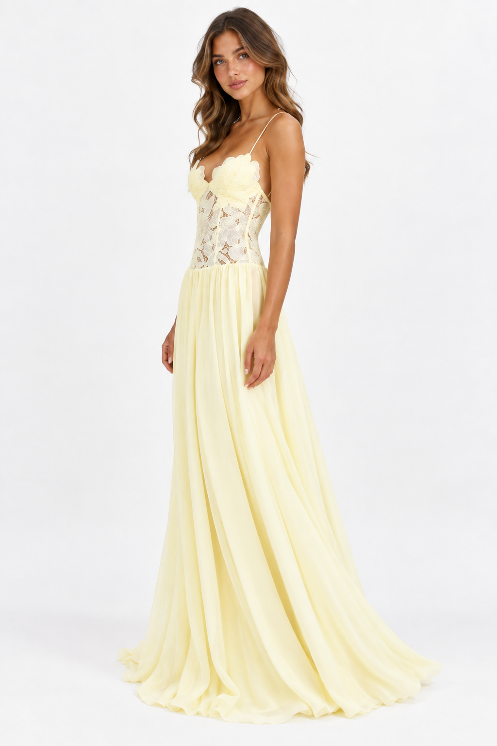 Elara Lace Corset Chiffon Maxi Dress Blue