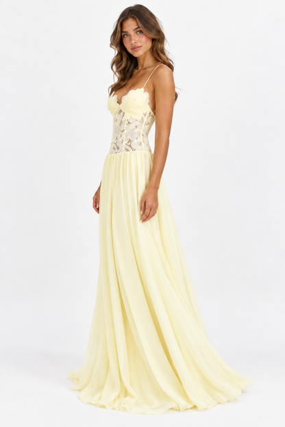 Elara Lace Corset Chiffon Maxi Dress Blue