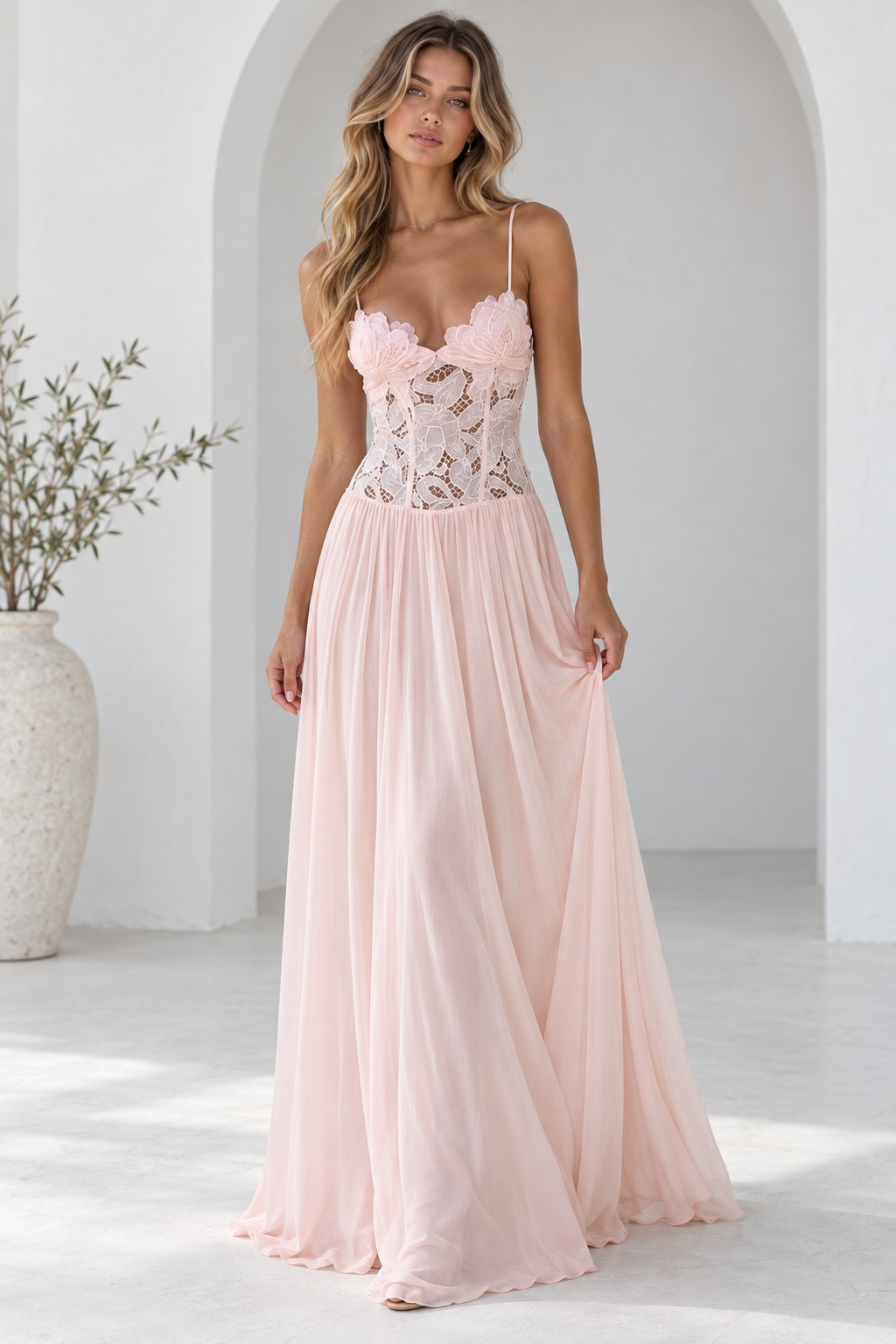 Elara Lace Corset Chiffon Maxi Dress Blue