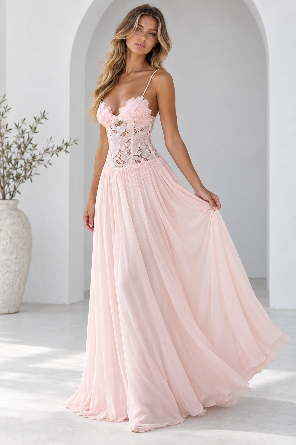 Elara Lace Corset Chiffon Maxi Dress Blue