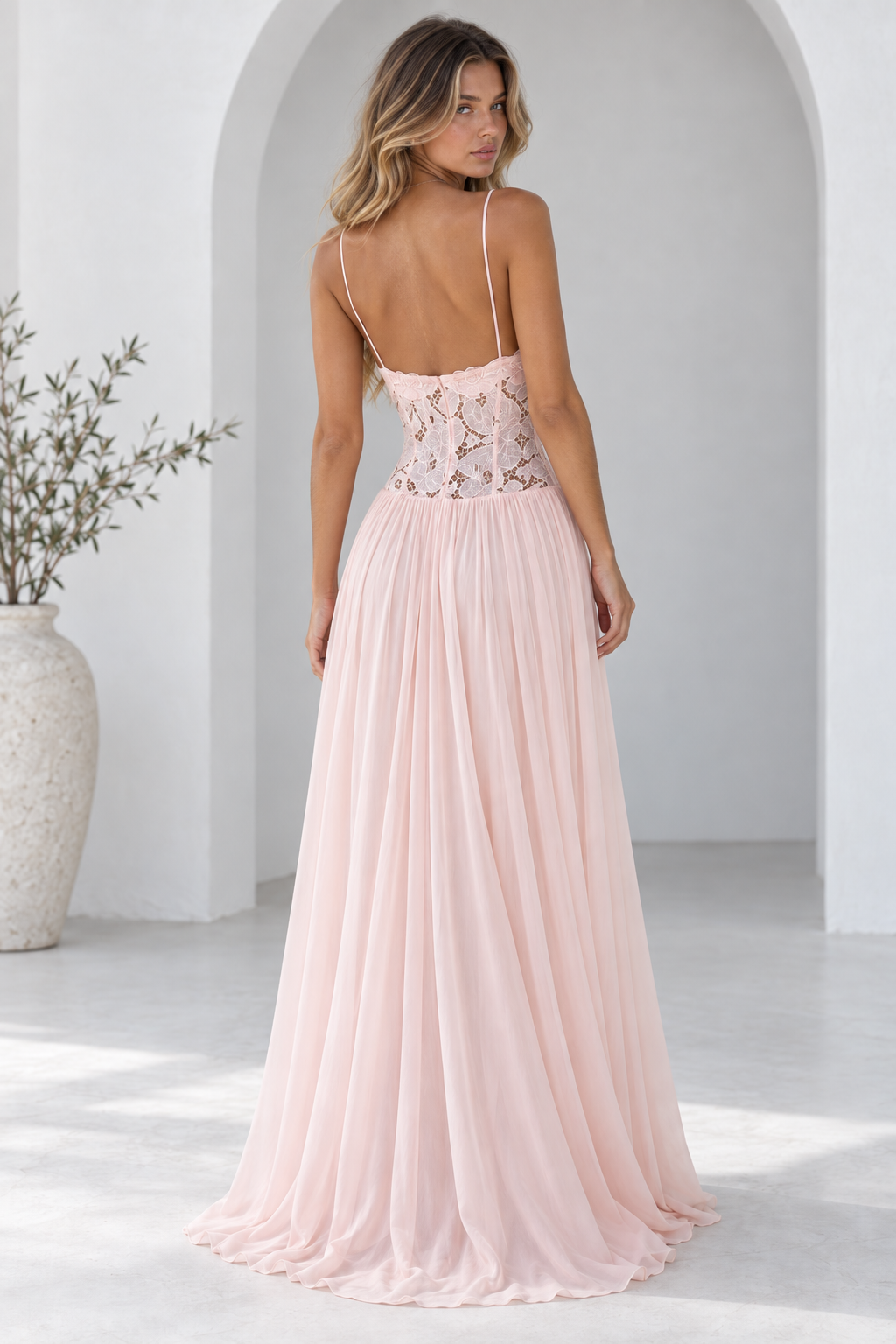 Elara Lace Corset Chiffon Maxi Dress Blue