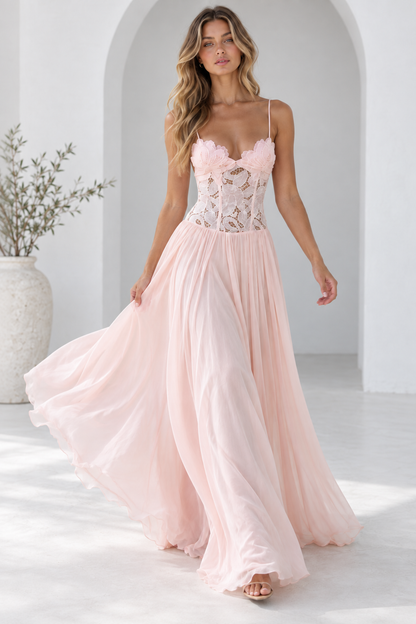 Elara Lace Corset Chiffon Maxi Dress Blue