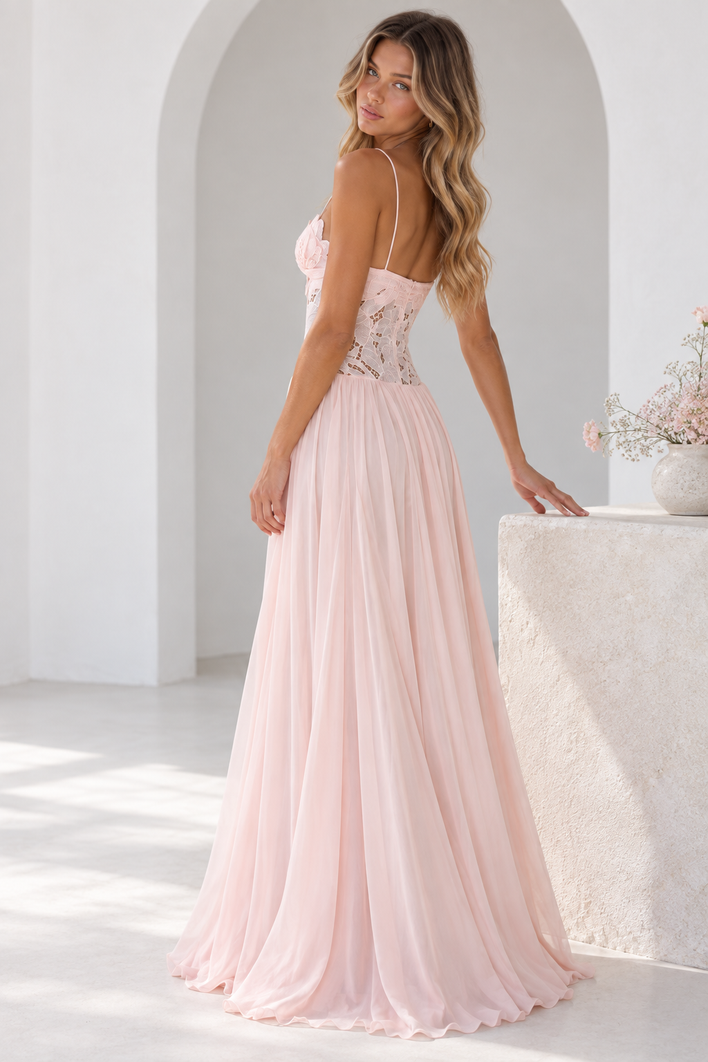 Elara Lace Corset Chiffon Maxi Dress Blue