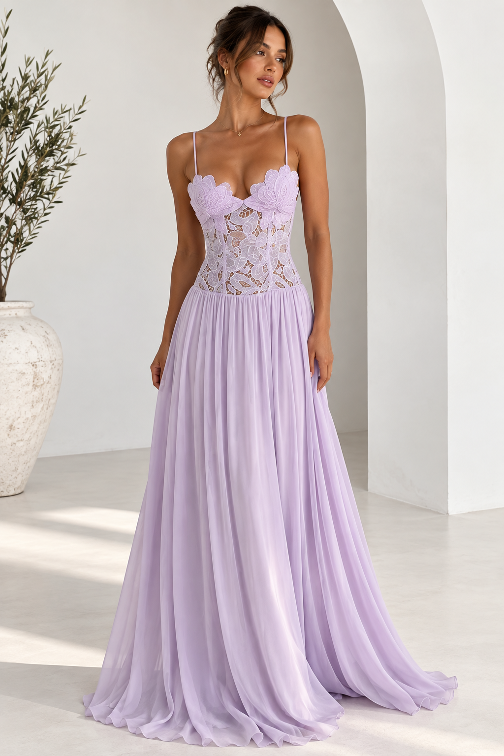 Elara Lace Corset Chiffon Maxi Dress Blue