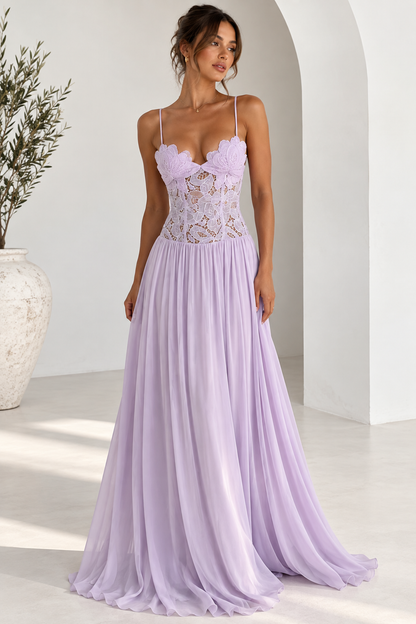 Elara Lace Corset Chiffon Maxi Dress Blue