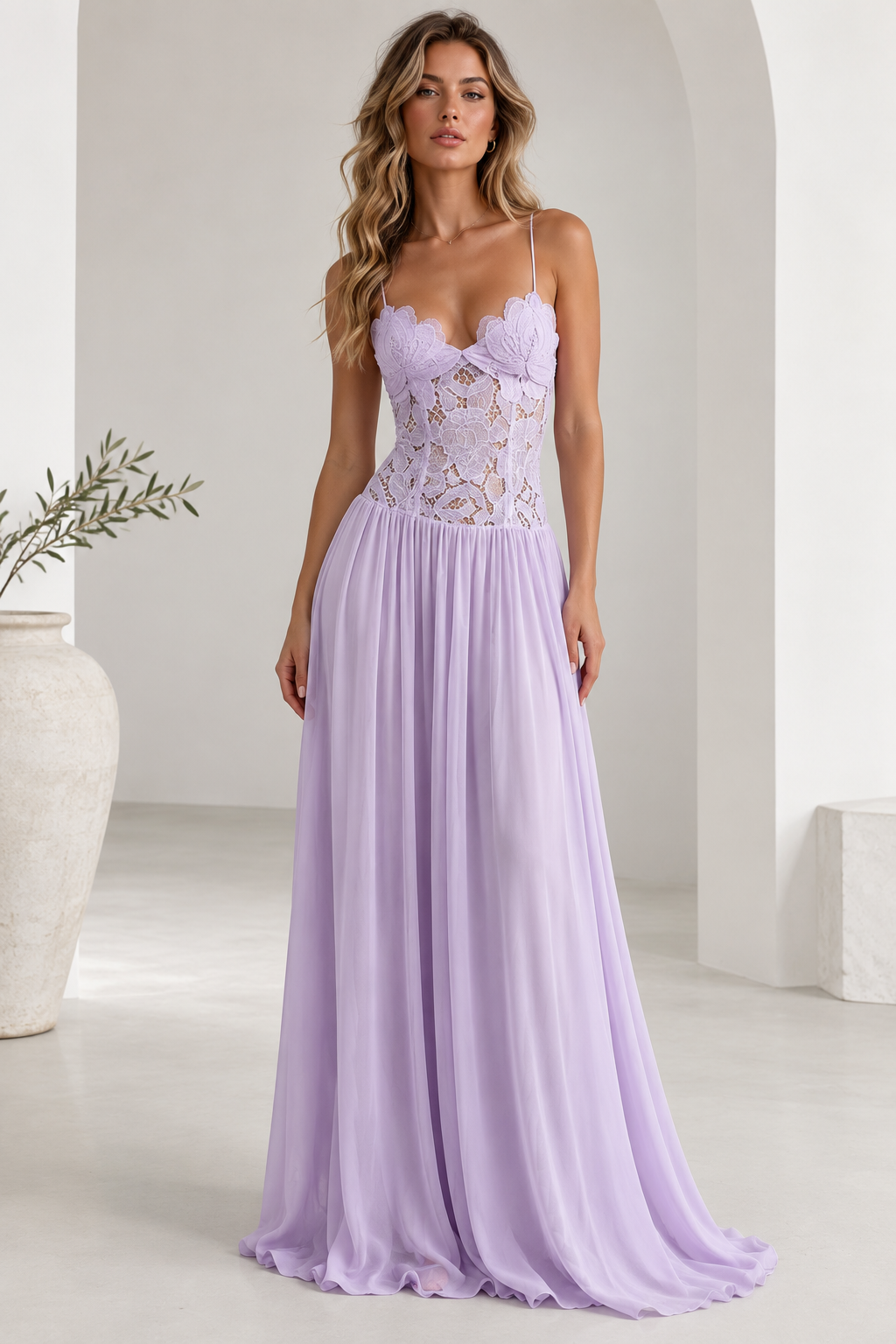 Elara Lace Corset Chiffon Maxi Dress Blue