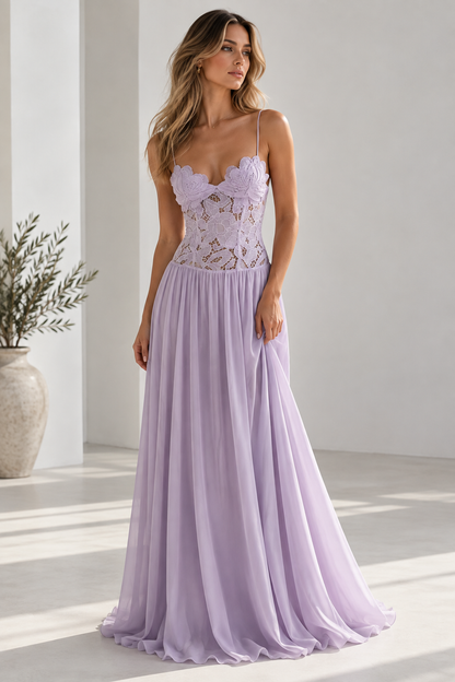 Elara Lace Corset Chiffon Maxi Dress Blue