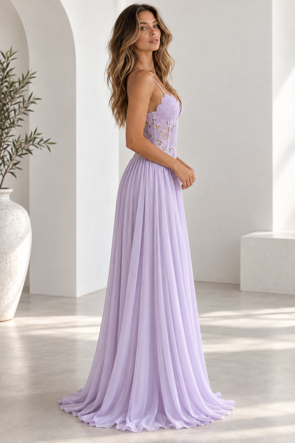 Elara Lace Corset Chiffon Maxi Dress Blue