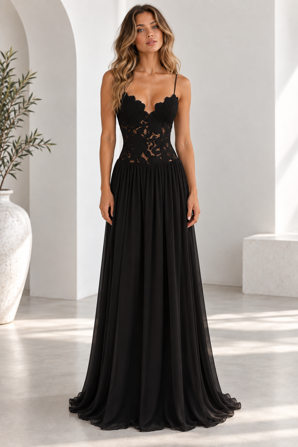 Elara Lace Corset Chiffon Maxi Dress Blue