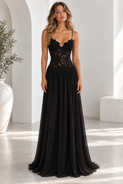 Elara Lace Corset Chiffon Maxi Dress Blue