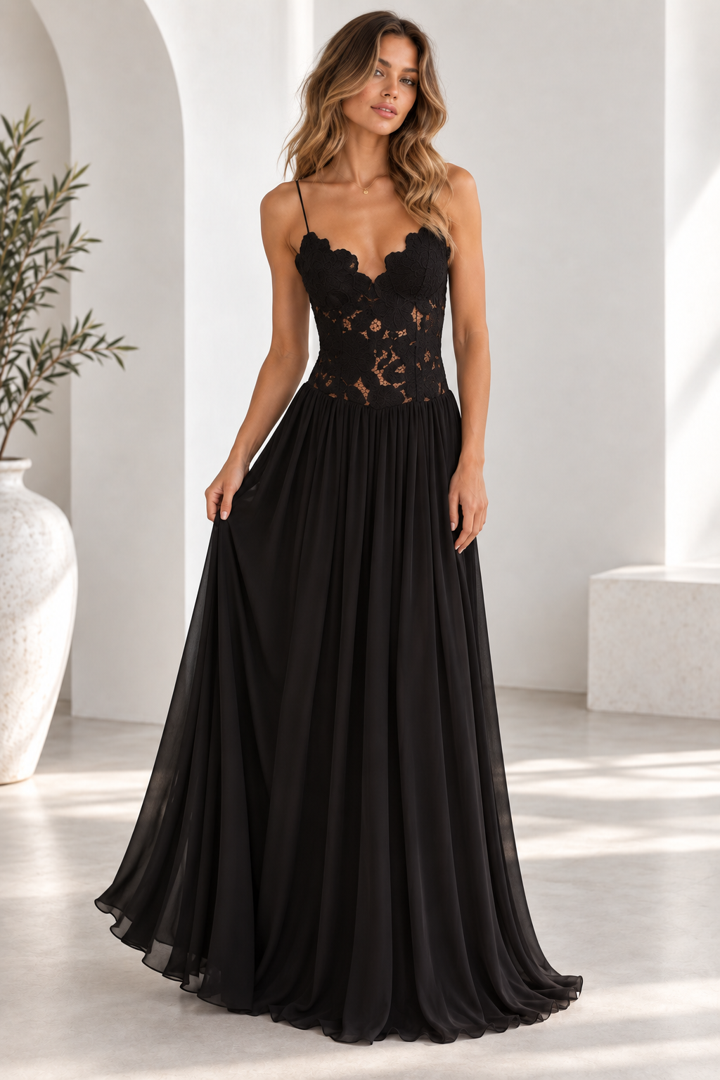 Elara Lace Corset Chiffon Maxi Dress Blue