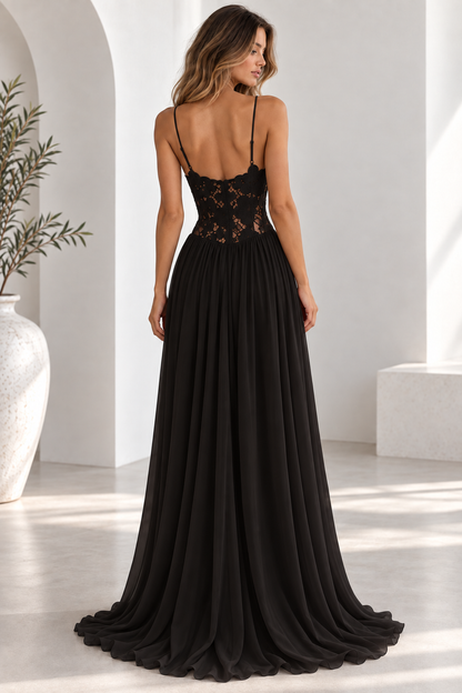 Elara Lace Corset Chiffon Maxi Dress Blue