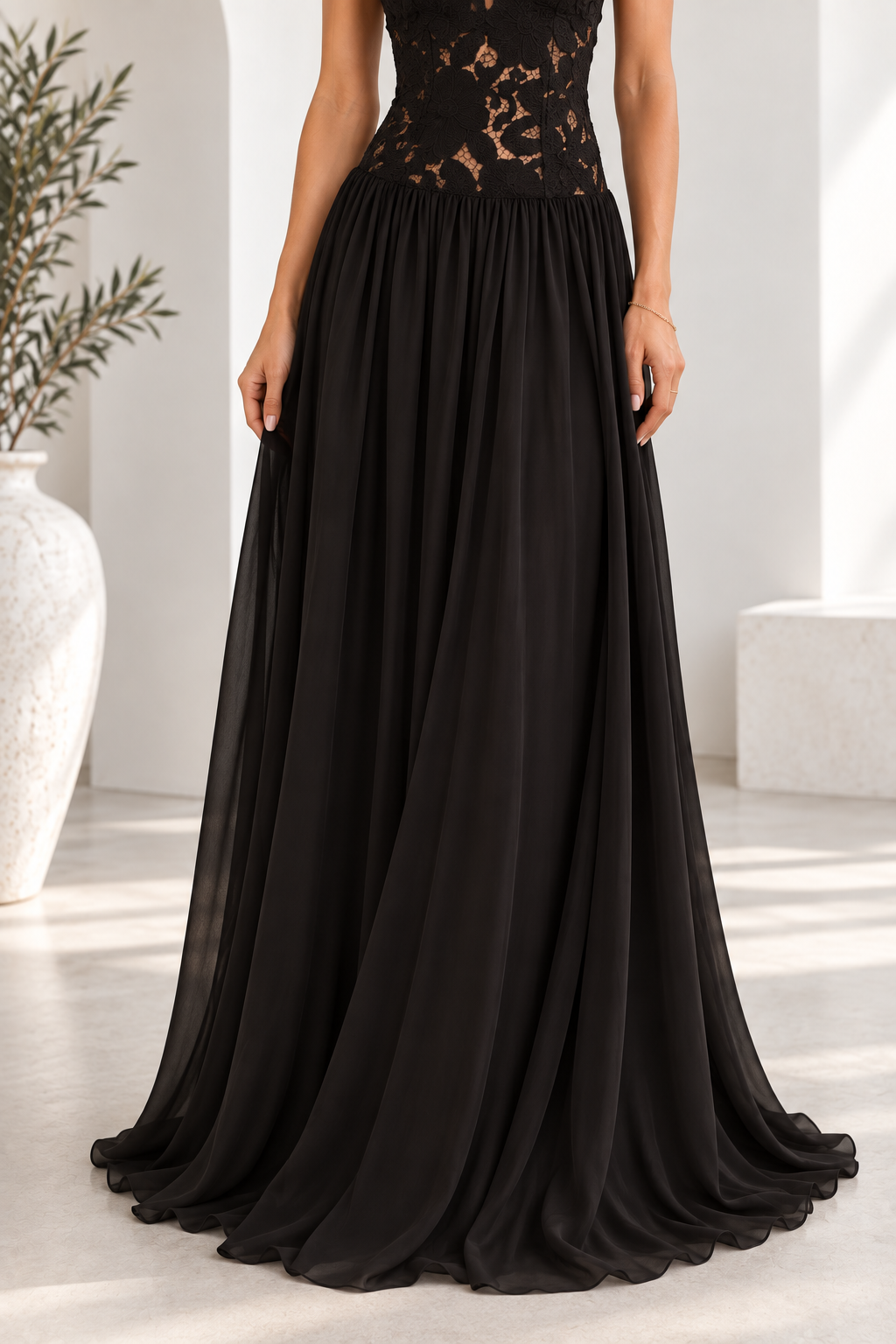 Elara Lace Corset Chiffon Maxi Dress Blue