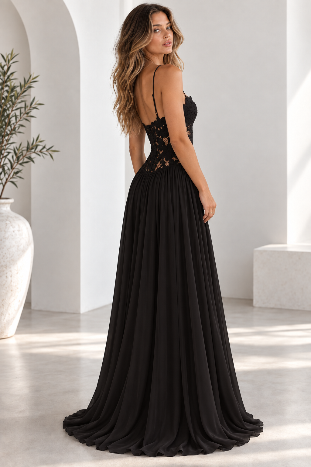 Elara Lace Corset Chiffon Maxi Dress Blue