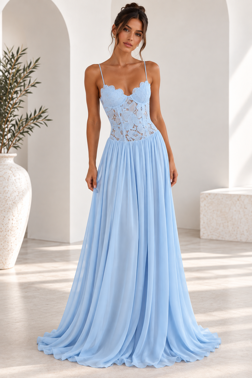 Elara Lace Corset Chiffon Maxi Dress Blue