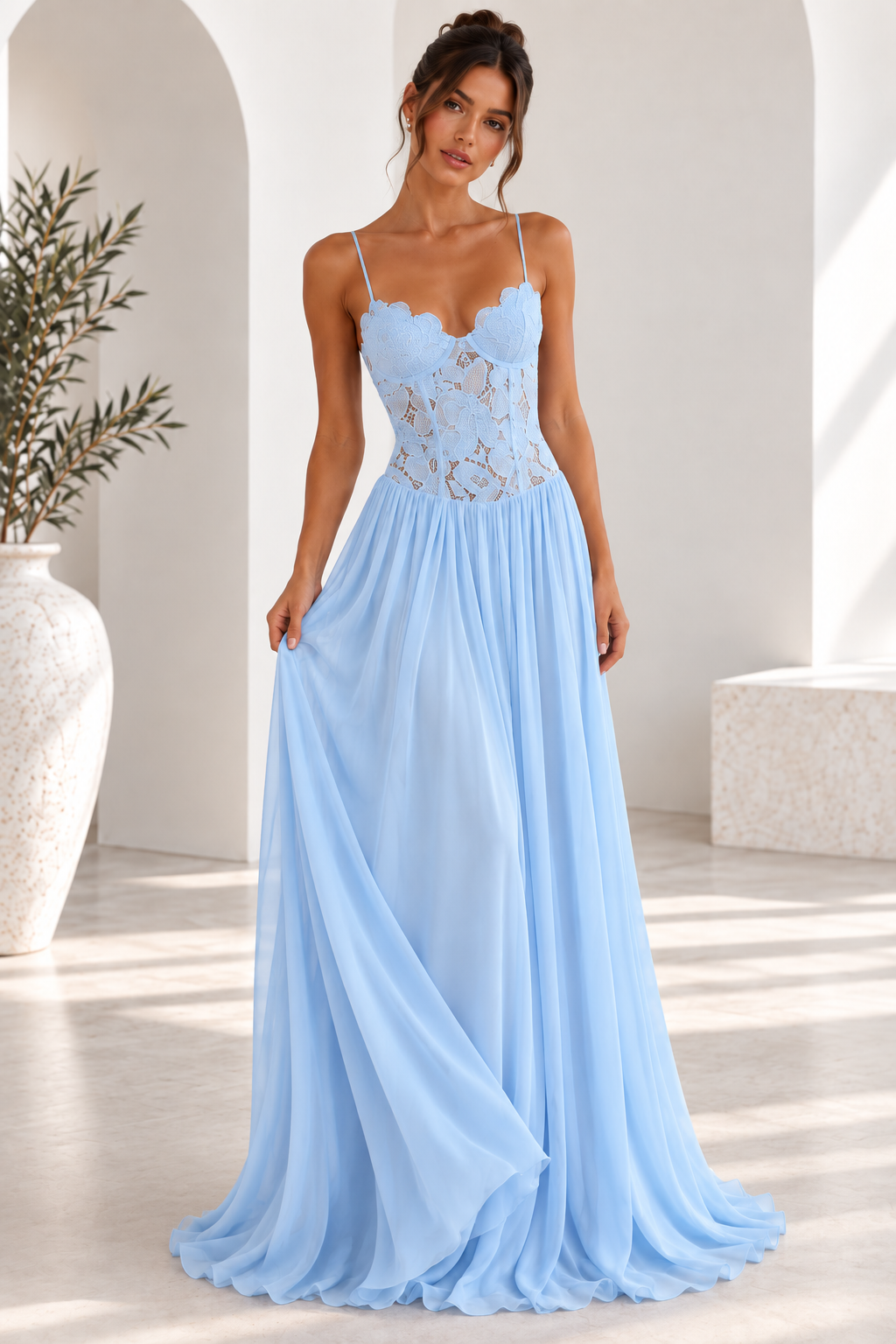 Elara Lace Corset Chiffon Maxi Dress Blue