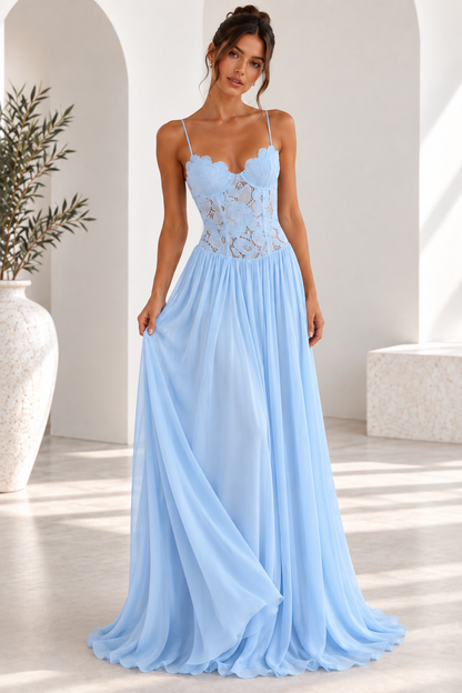 Elara Lace Corset Chiffon Maxi Dress Blue