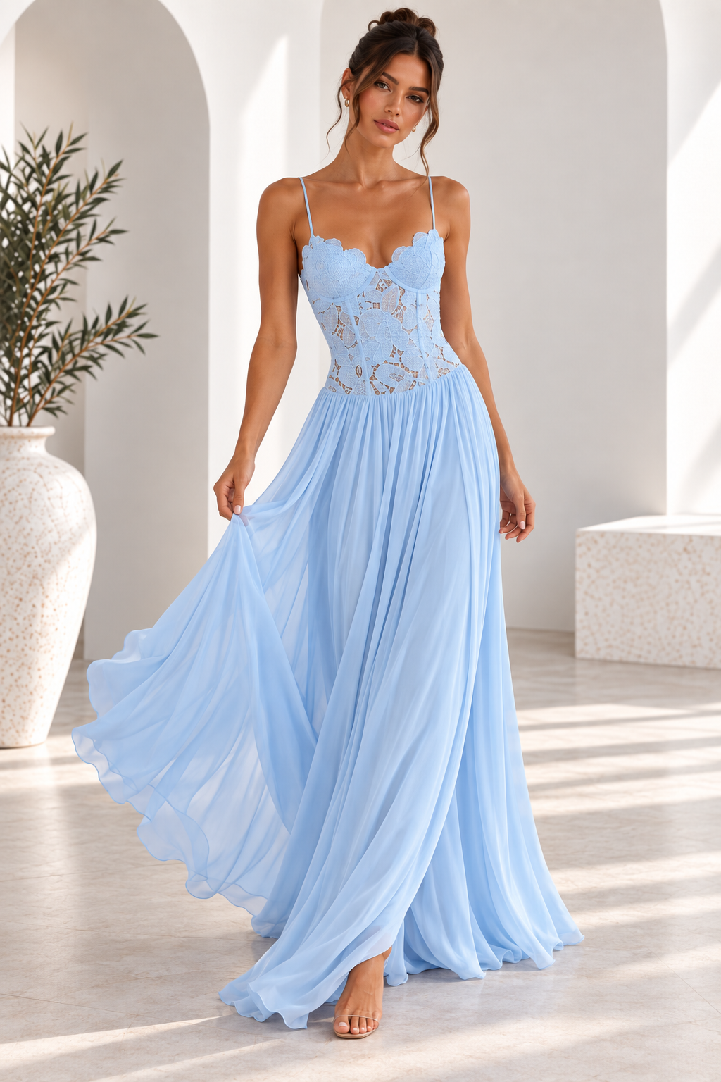 Elara Lace Corset Chiffon Maxi Dress Blue