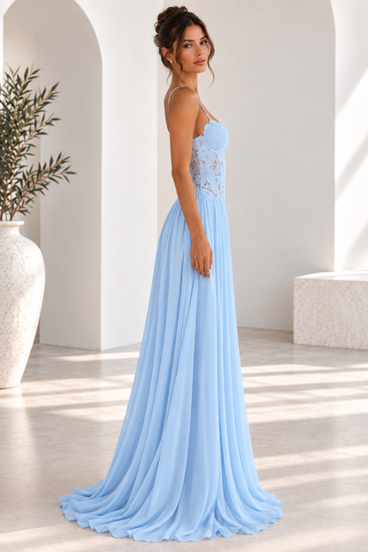 Elara Lace Corset Chiffon Maxi Dress Blue