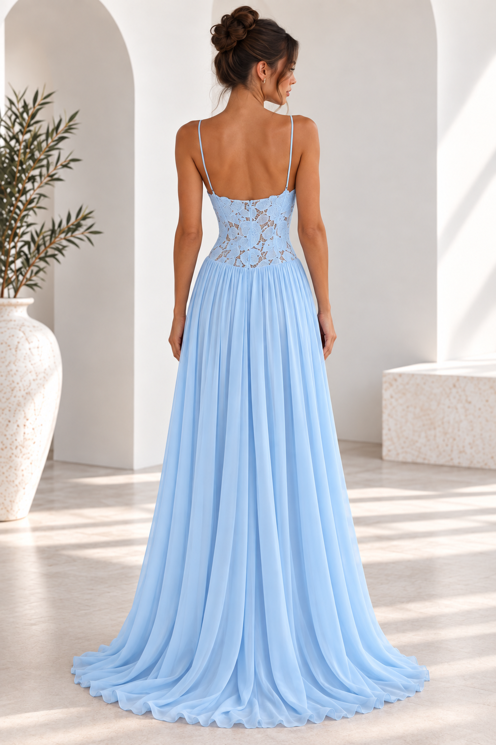 Elara Lace Corset Chiffon Maxi Dress Blue
