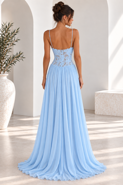 Elara Lace Corset Chiffon Maxi Dress Blue