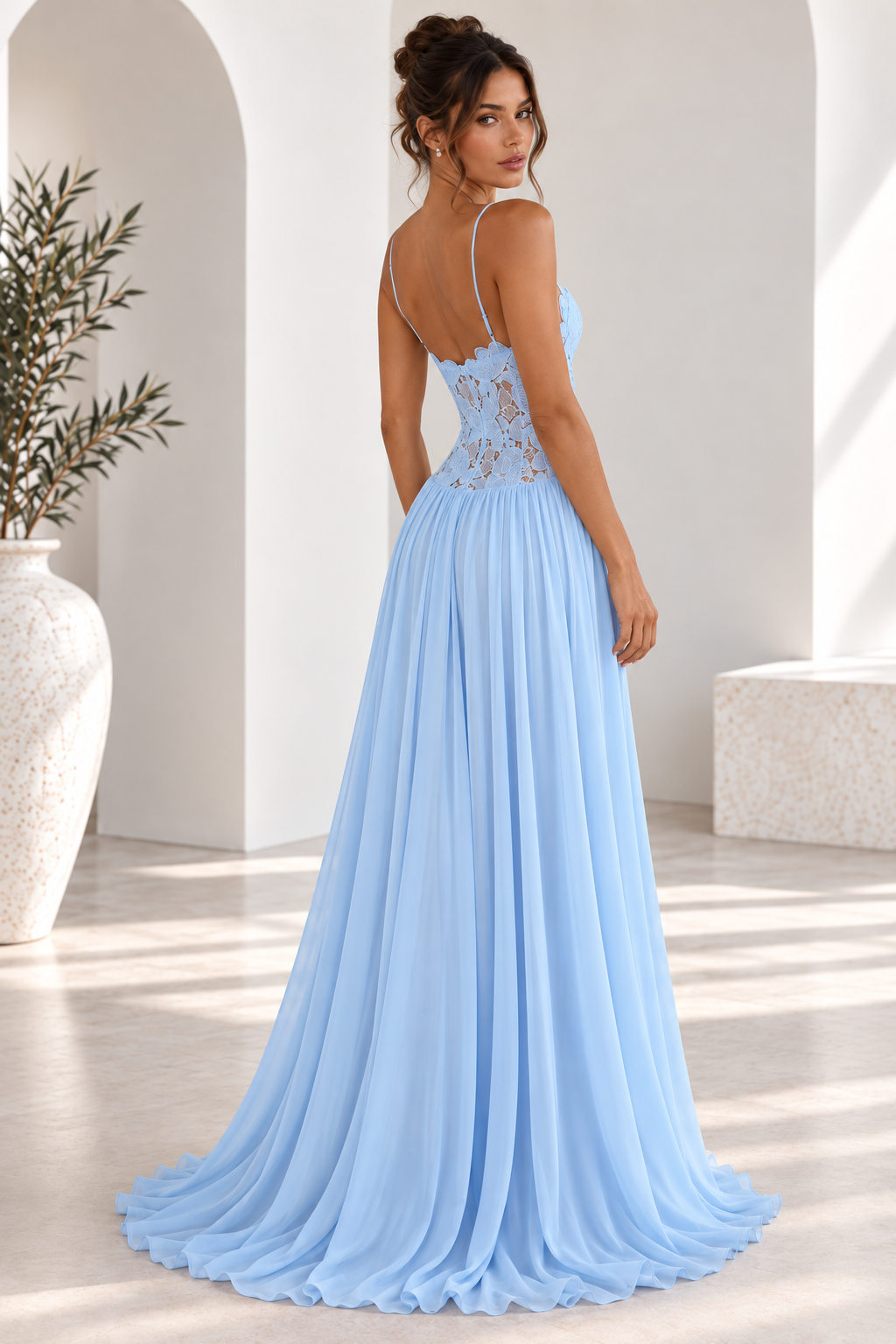 Elara Lace Corset Chiffon Maxi Dress Blue