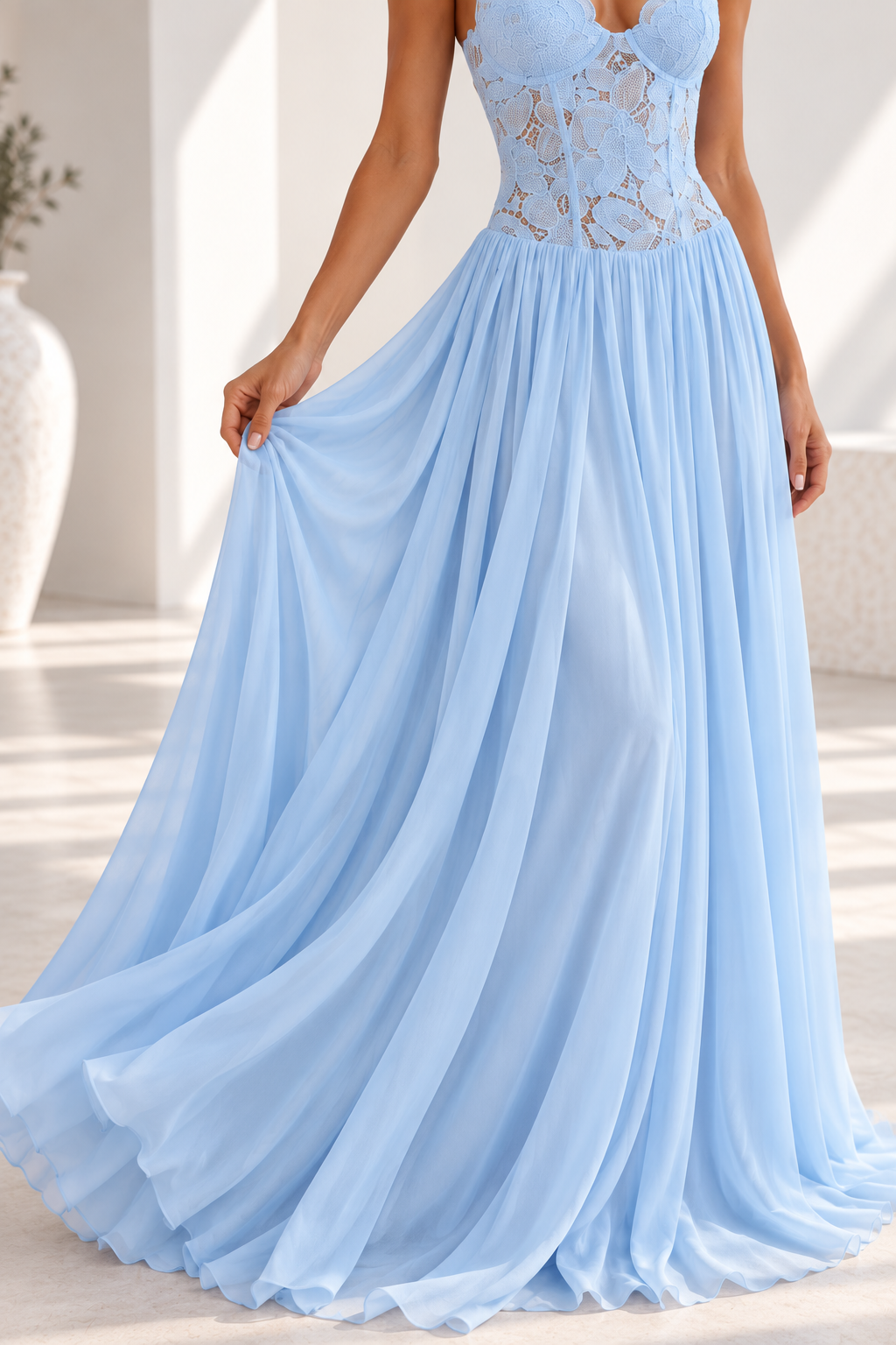Elara Lace Corset Chiffon Maxi Dress Blue