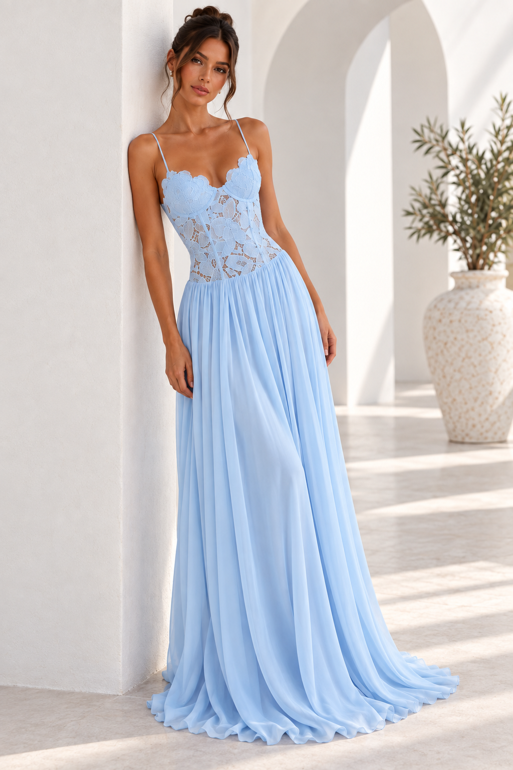 Elara Lace Corset Chiffon Maxi Dress Blue