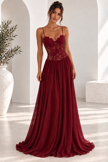 Elara Lace Corset Chiffon Maxi Dress Blue