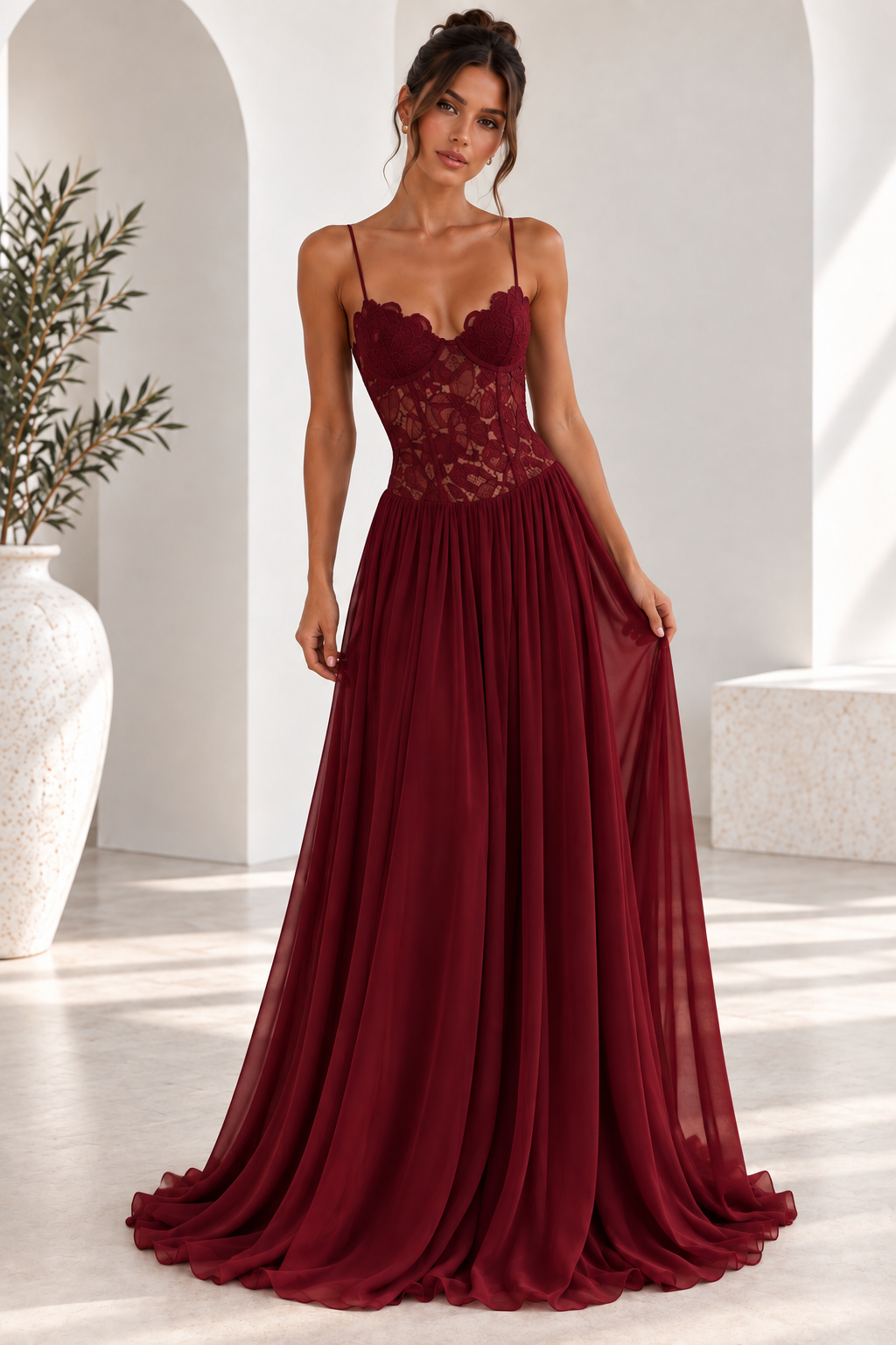 Elara Lace Corset Chiffon Maxi Dress Blue
