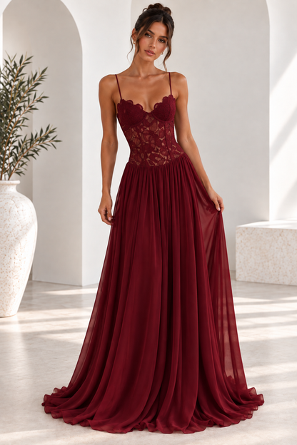 Elara Lace Corset Chiffon Maxi Dress Blue